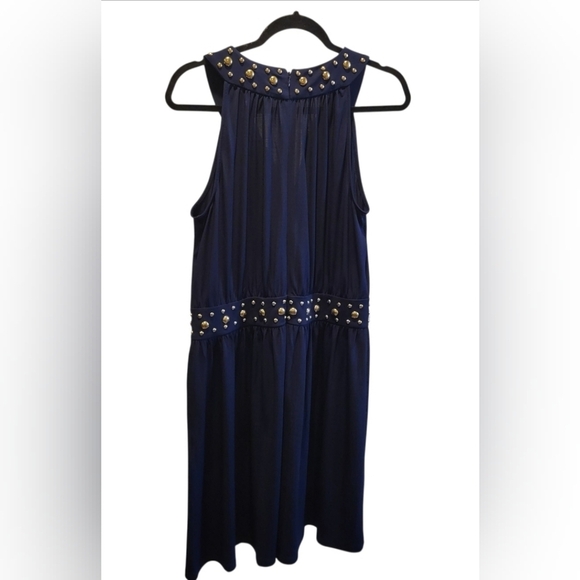 MICHAEL Michael Kors Split Neck Dome Studded Band Mini Dress Navy Gold Sz Large - Picture 3 of 7